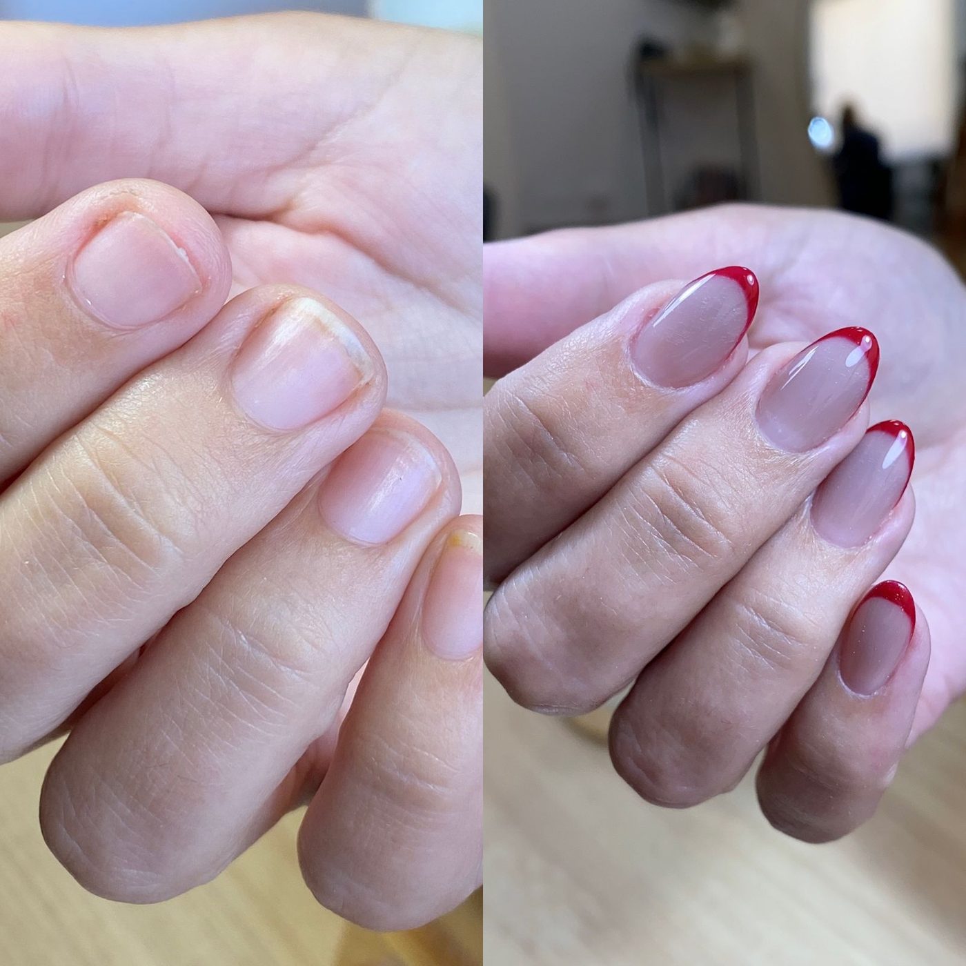 Antes e depois de manicure com esmaltação francesinha vermelha